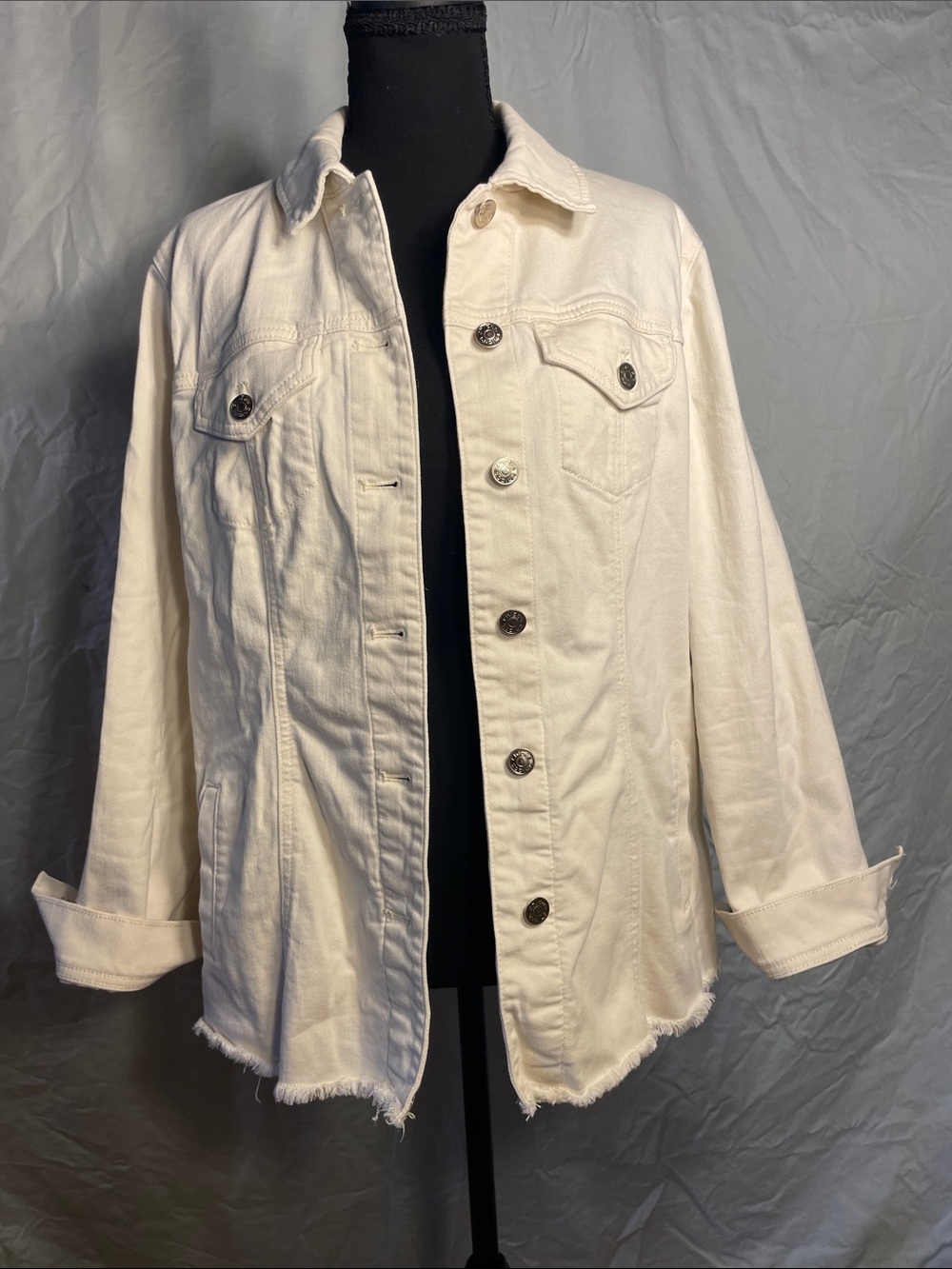 Chico's Off-White Denim Jacket with Frayed Hem